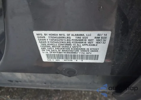 2014 Honda Pilot Ex-L из США, поврежденный, VIN 5FNYF4H7XEB030867